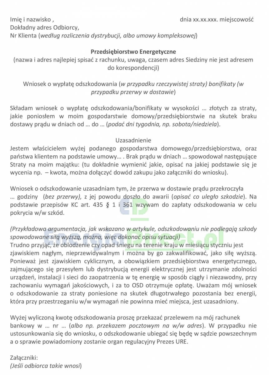 Wniosek o odszkodowanie wzór